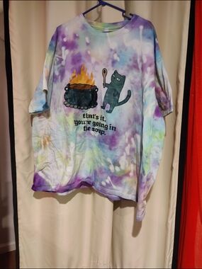 Tie-dye Graphic Tee with Cat & Cauldron - Purple Multi